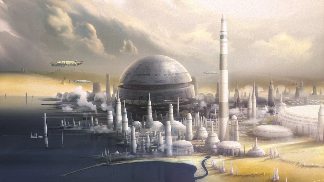 A city along a lake among the sea of grass on Lothal