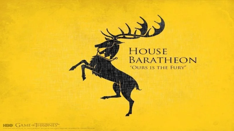 Yellow background with black stag on hind legs with crown around its neck; “House Baratheon: ‘Ours is the Fury’ “ with black lettering on the right of the stag image