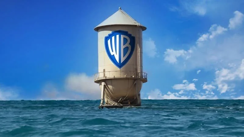 A mock-up image of the Warner Bros. water tower adrift at sea