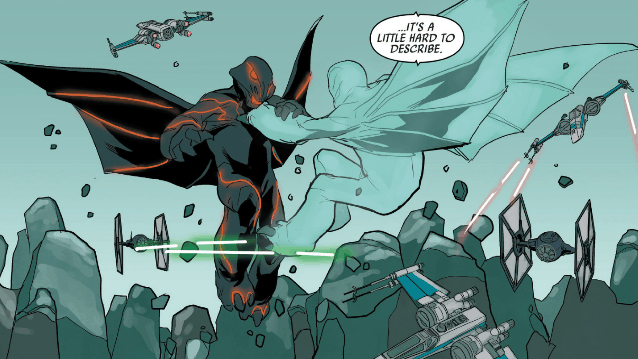Hard-to-describe alien creatures doing battle in the skies while First Order and Resistance forces fight.