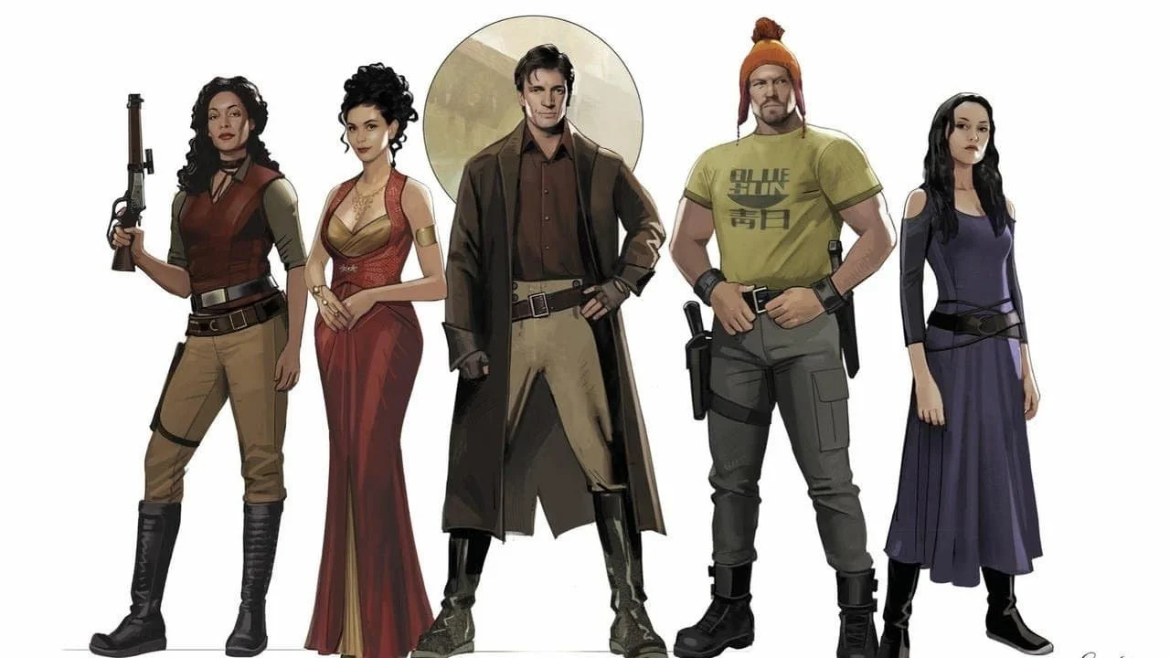Image depicts illustrations of Mal, Zoe, Inara, Jayne, and River from Firefly