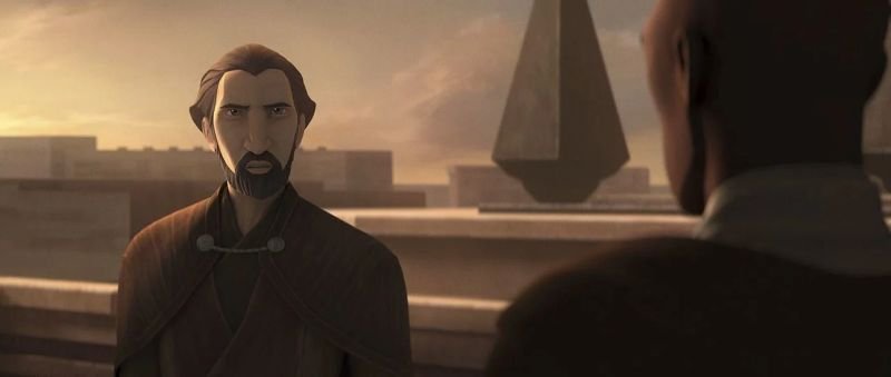 A younger Dooku speaking with Mace Windu about the politics of the Jedi Order,