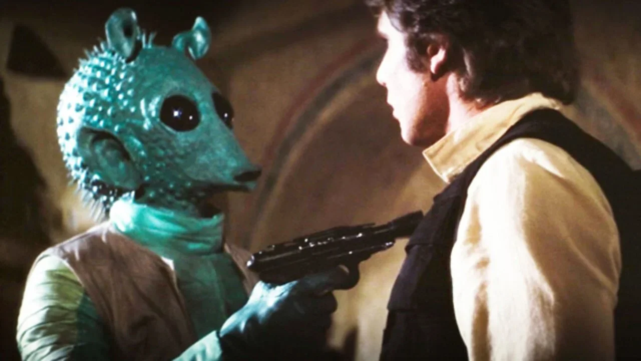 Greedo confronting Han in the cantina.