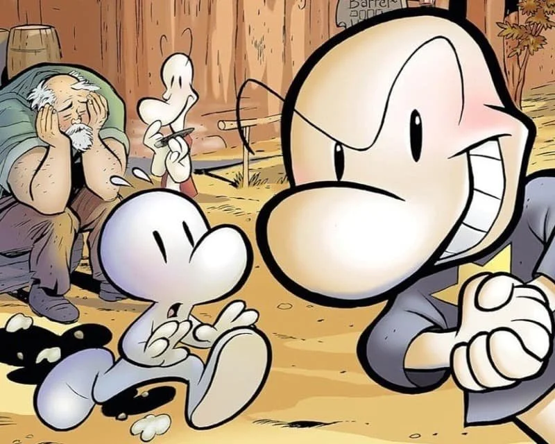 Phoney Bone scheming to the dismay of Lucius Down, and the concern of both Smiley and Fone on the cover of Volume 4 of Bone