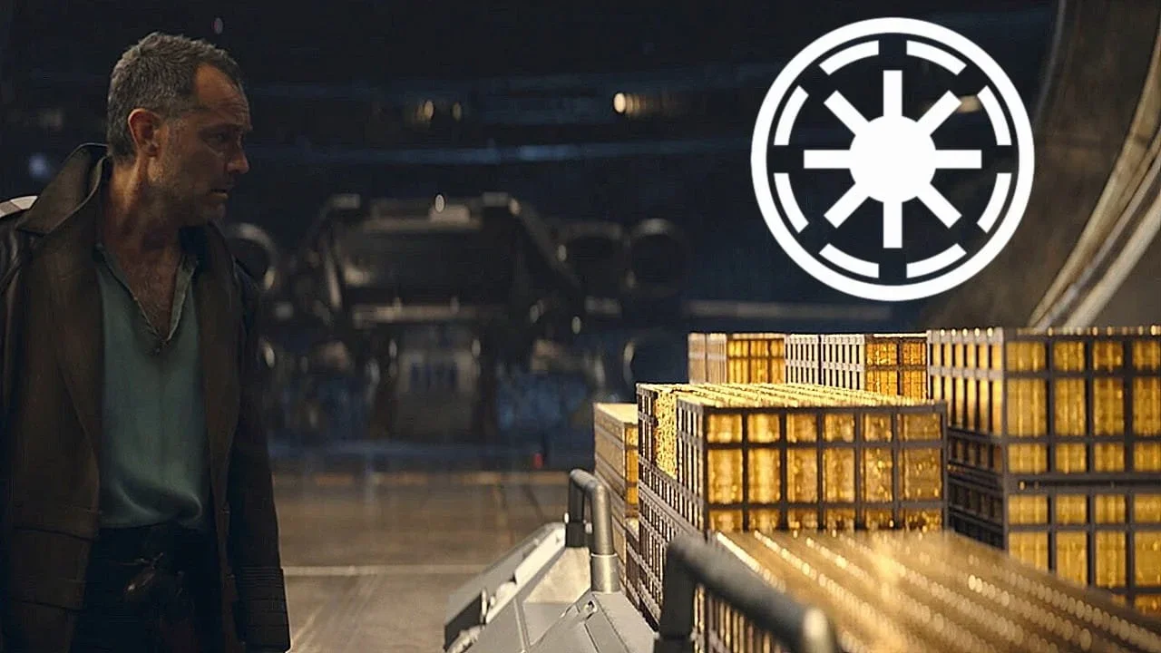 Jod looking at an immense pile of ill-gotten credits in Skeleton Crew while the logo of the Galactic Republic hovers over the money