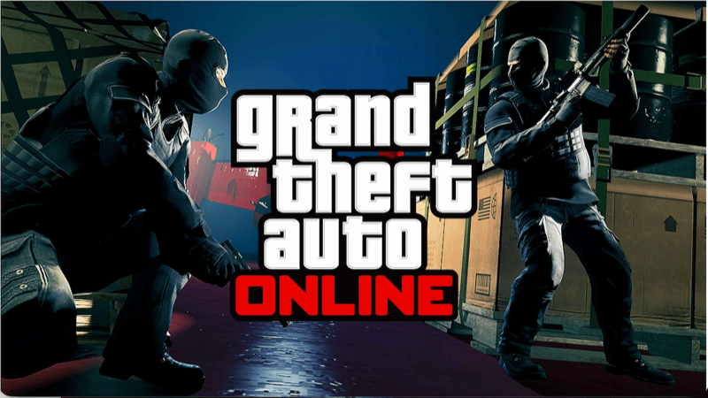 Image depicts the GTA Online logo with two players on a heist  Image Source: Rockstar Intel