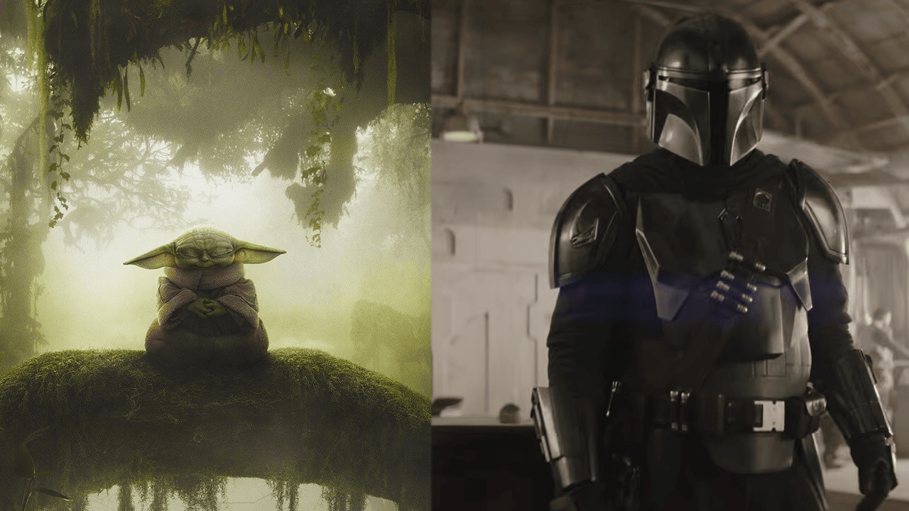 The new poster that shows Grogu meditating in a forest on the left, with a shot of Din Djarin from the trailer on the right.