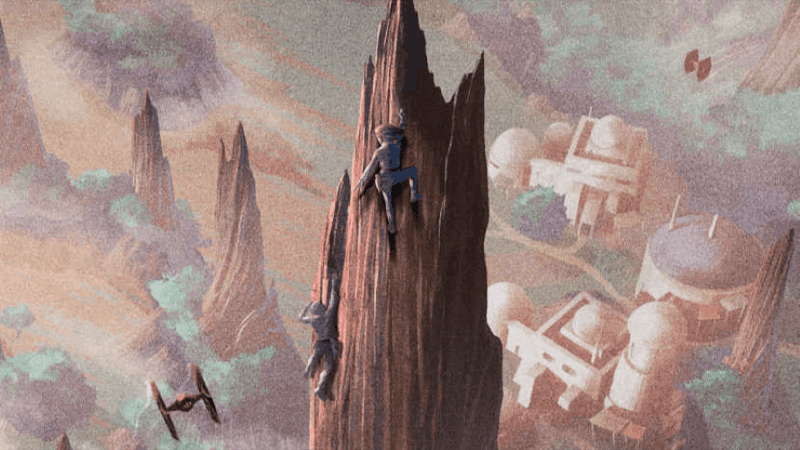 The book cover of A Crash of Fate showing the two protagonists climbing a Spire of Black Spire Outpost,
