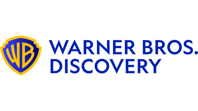 Warner Bros. Discovery logo, gold and blue WB shield to the left of the company name in boxy, blue font