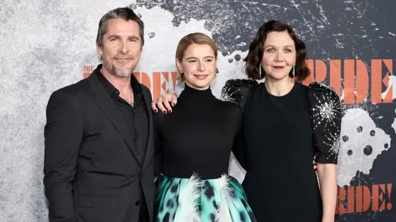 Christian Bale, Jessie Buckley, and Maggie Gyllenhaal at the premiere ofThe Bride!