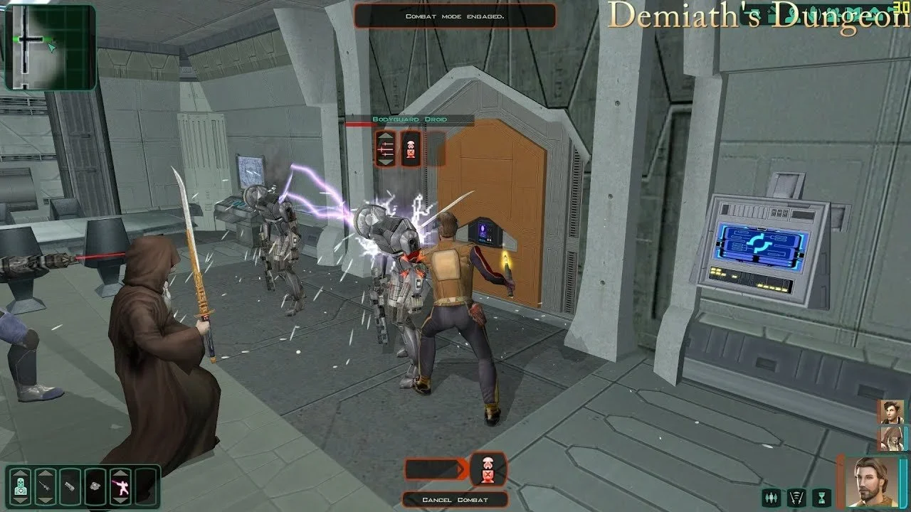 The player fighting droids on Telos