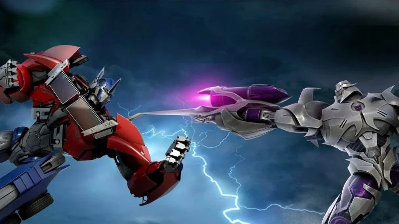 Battle between the Autobot leader Optimus Prime and the Decepticon leader Megatron from the animated series Transformers: Prime.