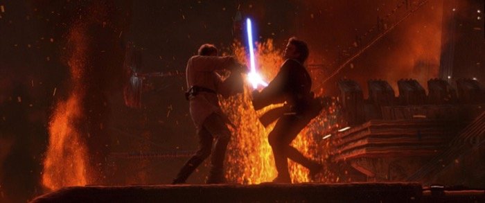 Anakin and Obi-Wan fight on Mustafar