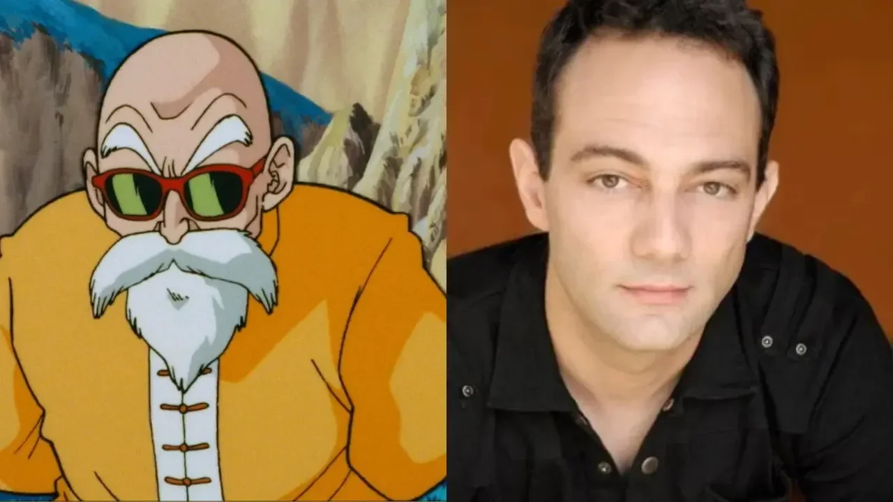 The anime character Master Roshi alongside American voice actor Mike McFarland, who famously voiced him in the English dub of the Dragon Ball series