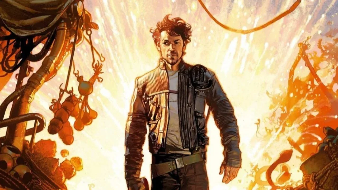 Cassian Andor striding away from an explosion.