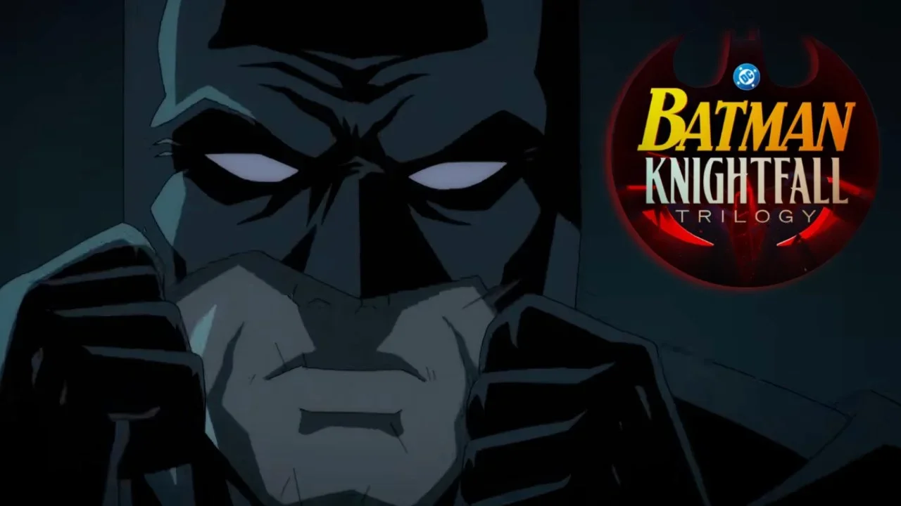 animated Batman against frayscale background with Batman Knightfall Trilogy in yellow lettering on the top left hand corner.