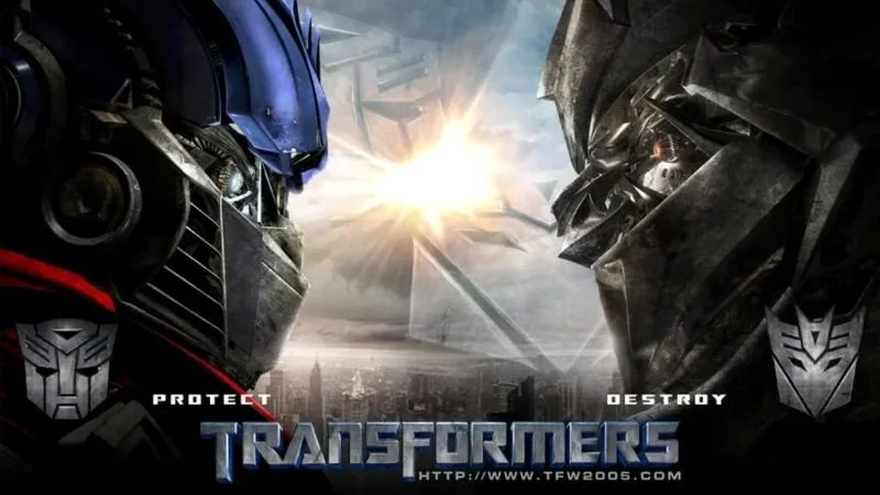 A promotional poster for the 2007 Transformers live-action movie featuring Optimus Prime and Megatron