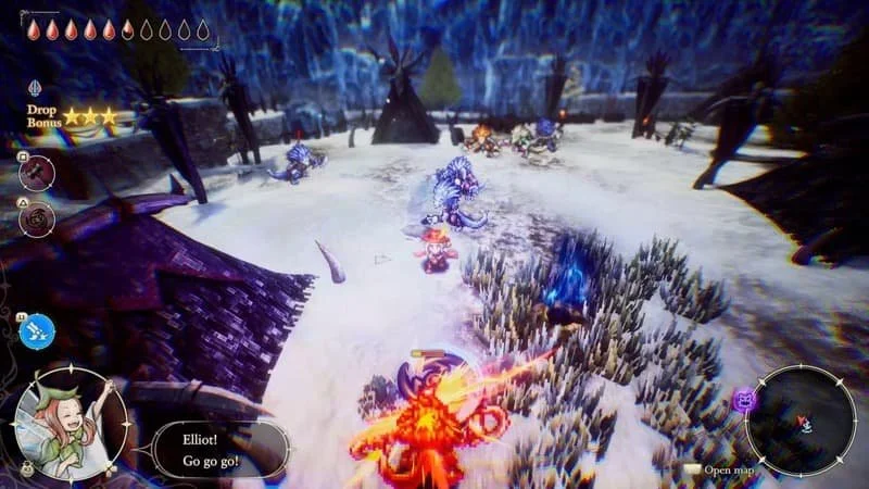 Elliott fighting enemies in the snow-covered land of the Age of Reconstruction