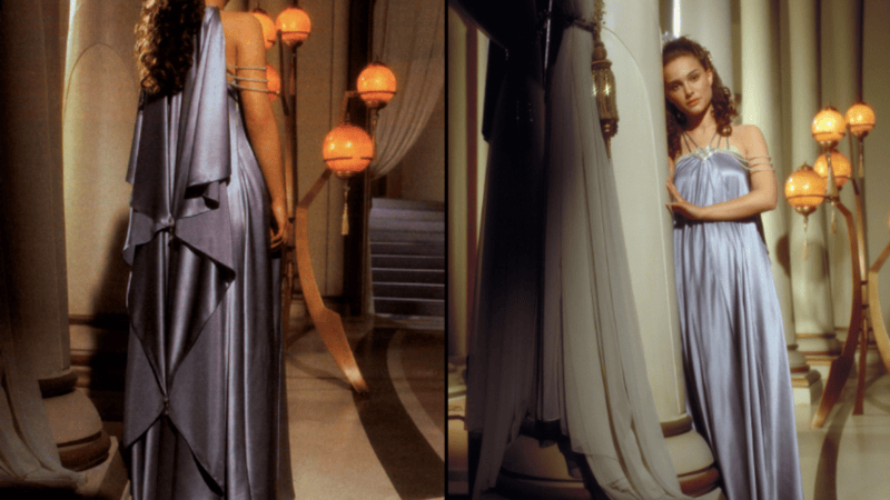 Back and front views of Padme’s pearl and blue satin dress (Left to right).   Image Source: IMDb