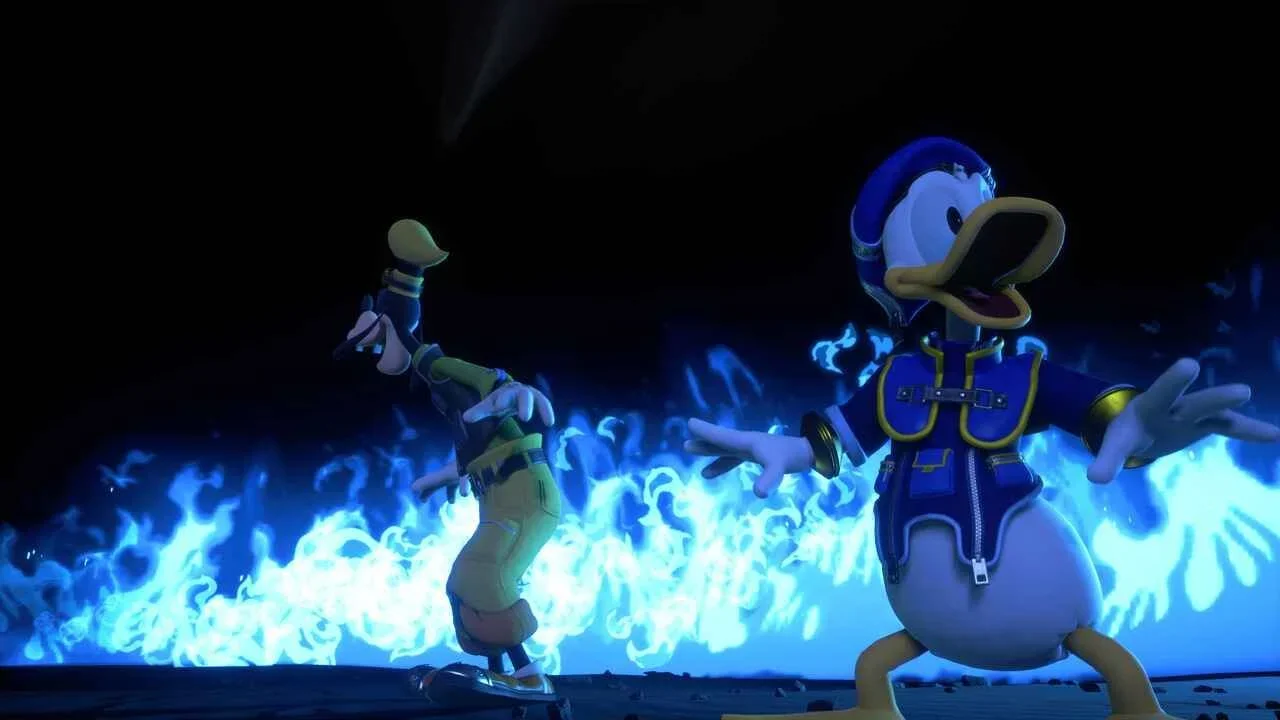 Donald and Goofy in promotional content for Kingdom Hearts IV. The characters are surrounded by blue fire and look startled and alert in 3D animation.