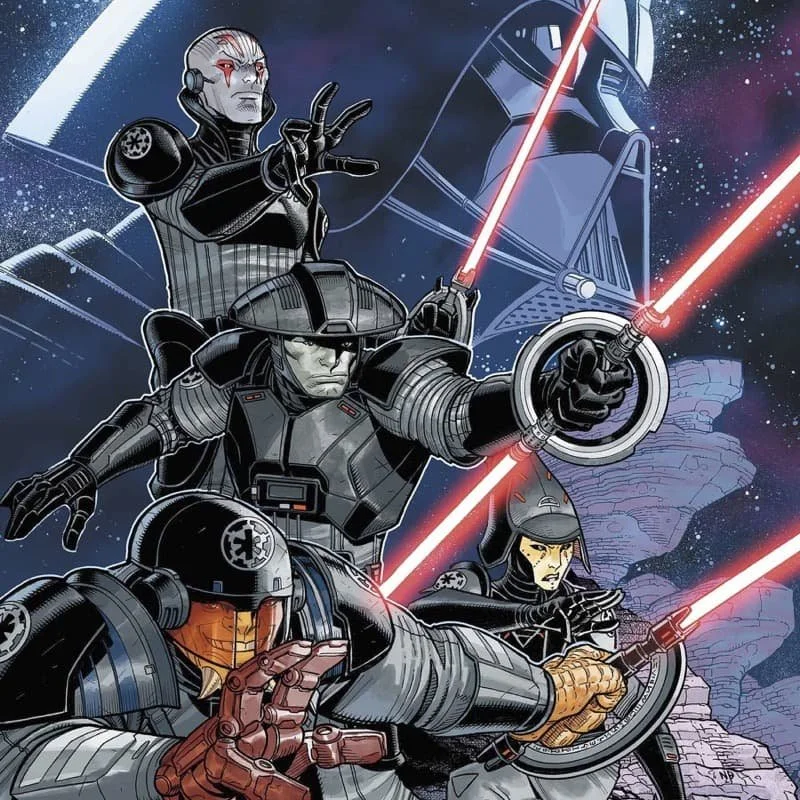 Showcase of the Inquisitors who appeared in Inquisitors (2024) loomed over by Darth Vader  Image Source: StarWars.com