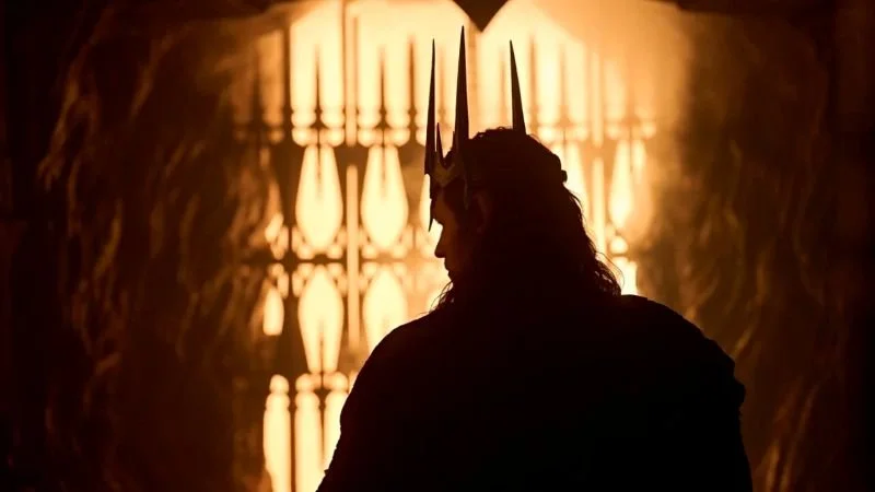 A crowned Sauron facing away
