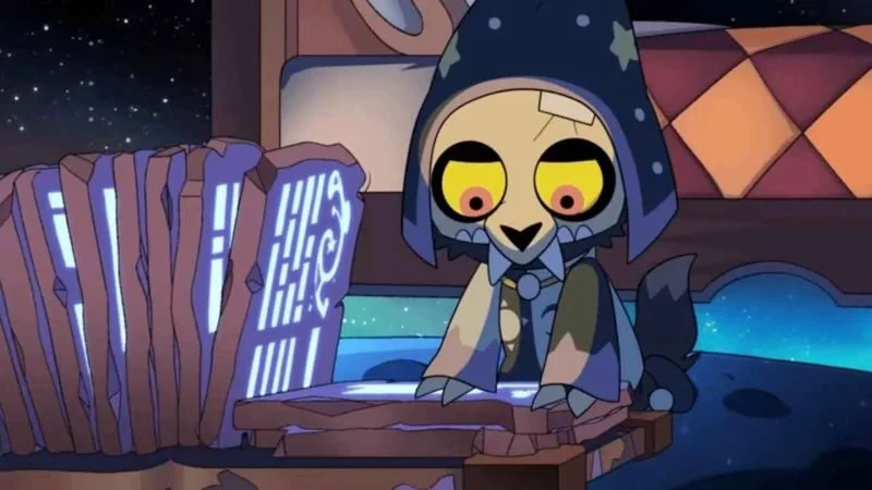 King reading a glowing book to the Collector wearing an astronomy-themed cloak