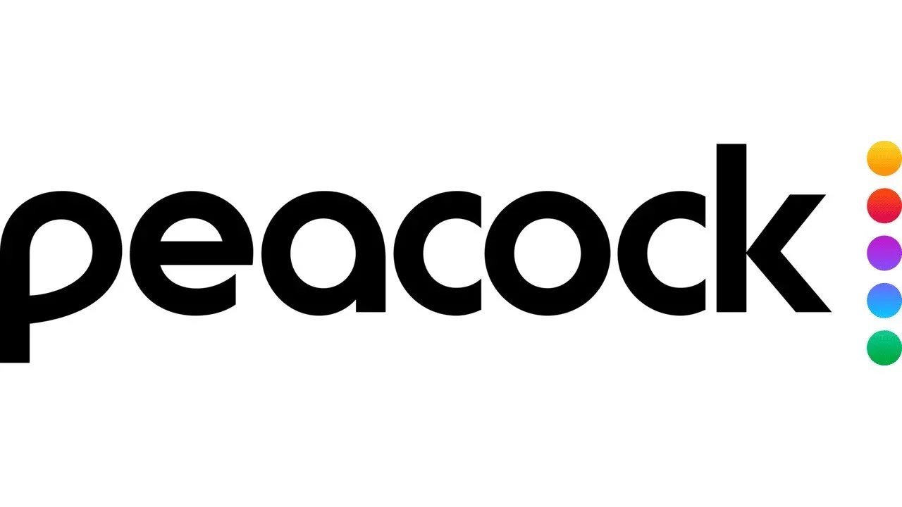 Updated Peacock logo, black letters spelling the name out, five colorful dots mimicking the NBC logo to the far right near the letter k.