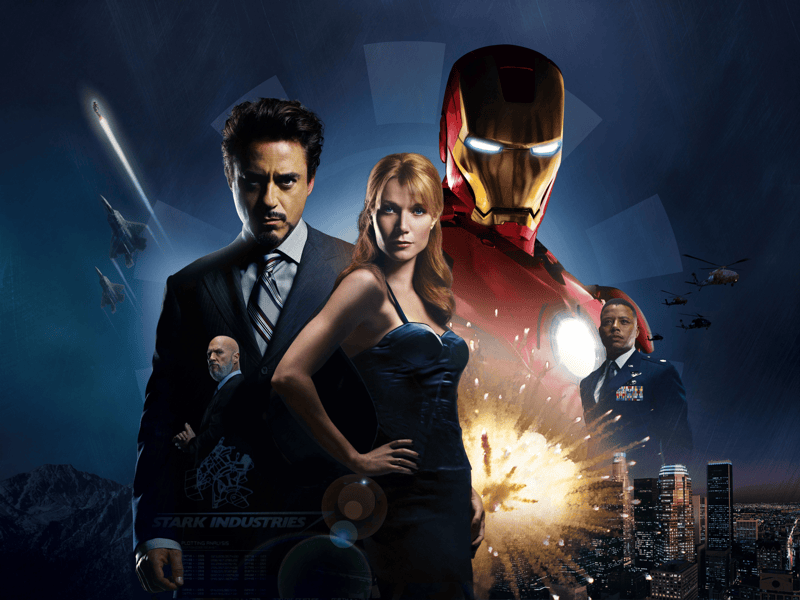 Robert Downey Jr., Gwyneth Paltrow, Jeff Bridges, and Terrence Howard on the poster for Iron Man