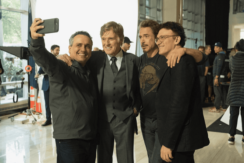 Joe Russo, Robert Redford, Robert Downey Jr., and Anthony Russo on the set of Avengers: Endgame  Image Source: Instagram