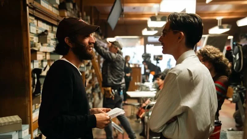 Josh Safdie and Timothée Chalamet on the set of Marty Supreme