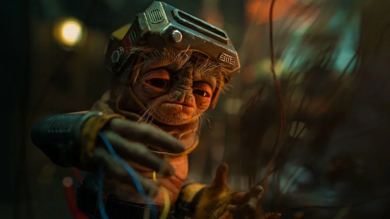 Babu Frik working with wiring.