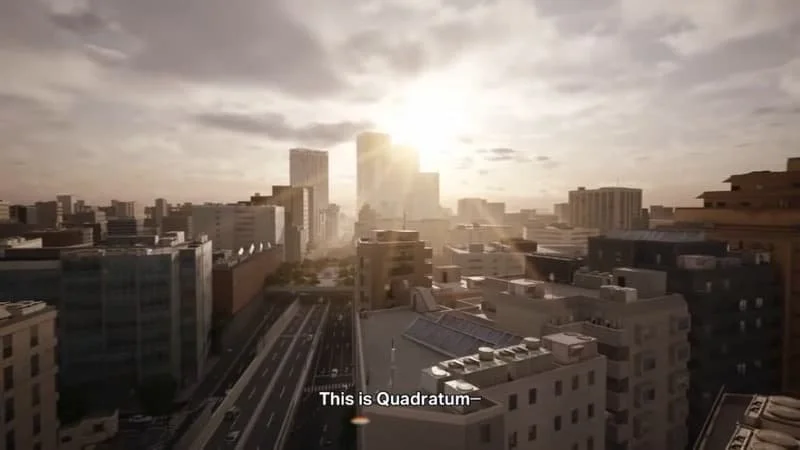 A wide view of the city Quadratum with text that reads, “This Is Quadratum”   Image Source: Gamepur