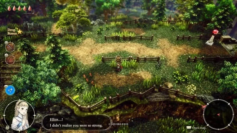 Elliott exploring a lush green landscape with a save post nearby