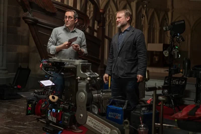 Rian Johnson with cinematographer Steve Yedlin on the set of Wake Up Dead Man.