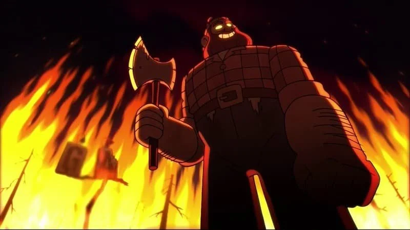 A lumberjack statue is possessed by Bill Cypher