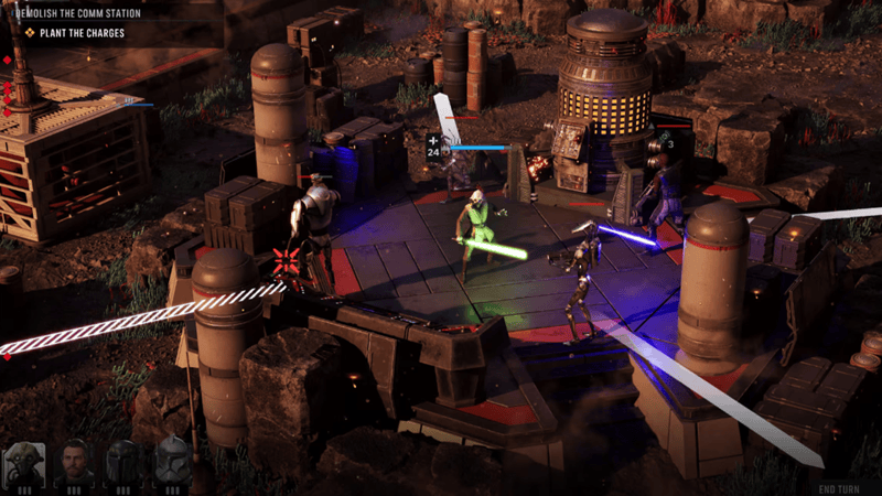 A Jedi surrounded by droids on a platform, with HUD elements showing health of all units and the attack outcome.  Image Source: EA