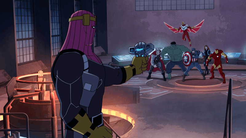 A frame from Avengers Assemble, where most of the team faces a new Baron Zemo  Image Source: IMDb