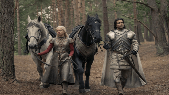 Rhaenyra with Ser Criston Cole and their horses