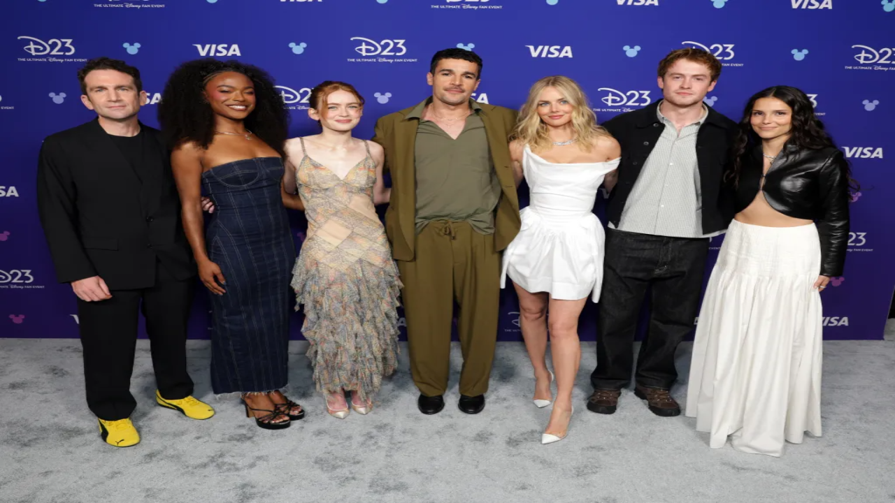 Newly announced cast of Marvel Studios' upcoming X-Men film posing together at D23: Sadie Sink as Jean Grey, Kit Connor as Cyclops, Samara Weaving as Emma Frost, Inde Navarrette as Rogue, Maya Boyd as Storm, and Christopher Abbott as Professor X.