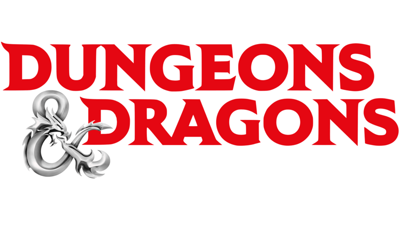 current Dungeons & Dragons logo, the words dungeons, dragons in red sharp block font with the ampersand as a stylistic dragon curling around itself