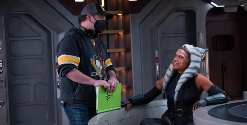 Dave Filoni and Rosario Dawson on the set of Ahsoka Season 1.