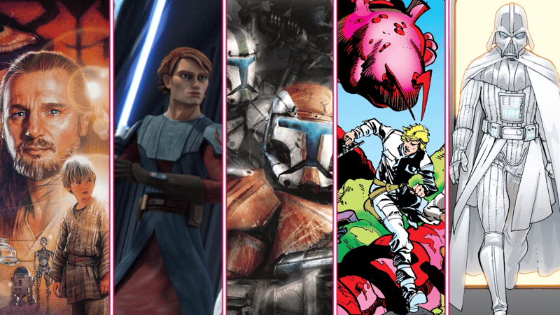 Media that represents the five tiers of canon before the Disney purchase of Lucasfilm, including The Phantom Menace, The Clone Wars, Republic Commando: Triple Zero, Marvel Star Wars #59, and Infinities: Return of the Jedi