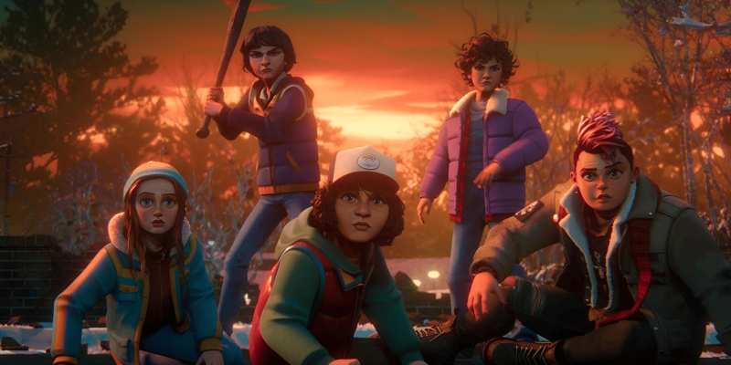 Mike Wheeler, Eleven, Max Mayfield, Dustin Henderson, and Nikki Baxter in Stranger Things: Tales From ‘85