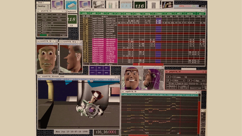 Computer screen visual of how animators worked RenderMan to animate Woody and Buzz.  Image Source: thisdayinpaxar.com