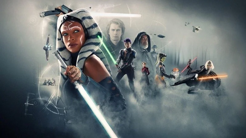 From left to right, Ahsoka pictured with Anakin’s Force Ghost, Sabine, Baylan, Morgan Elsbeth, Huyang, Hera, and Shin Hati.