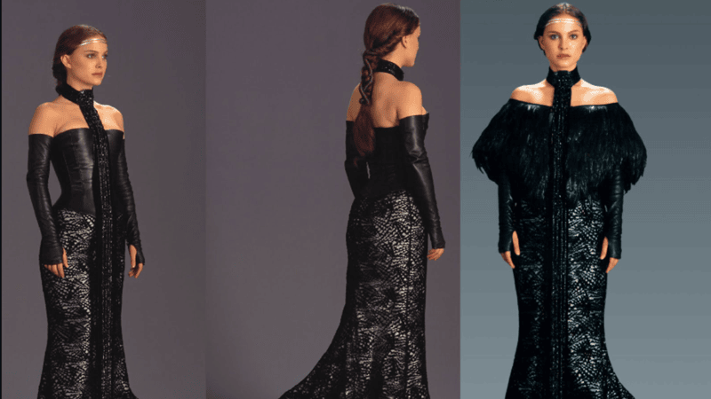 Different views of Padme’s black corset dress.   Image Source: Costume Vault