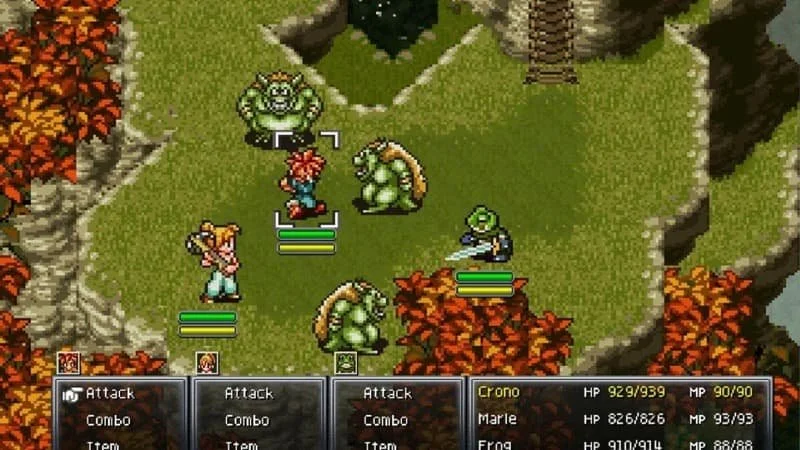 Crono, Marle, and Frog fight fiends on cliffs 