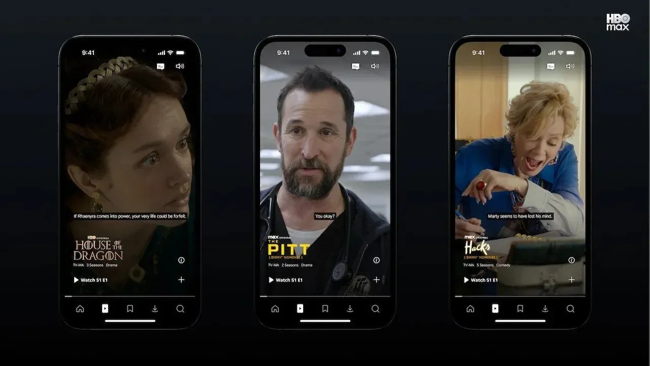 A rendering of phones showing clips from House of the Dragon, The Pitt, and Hacks