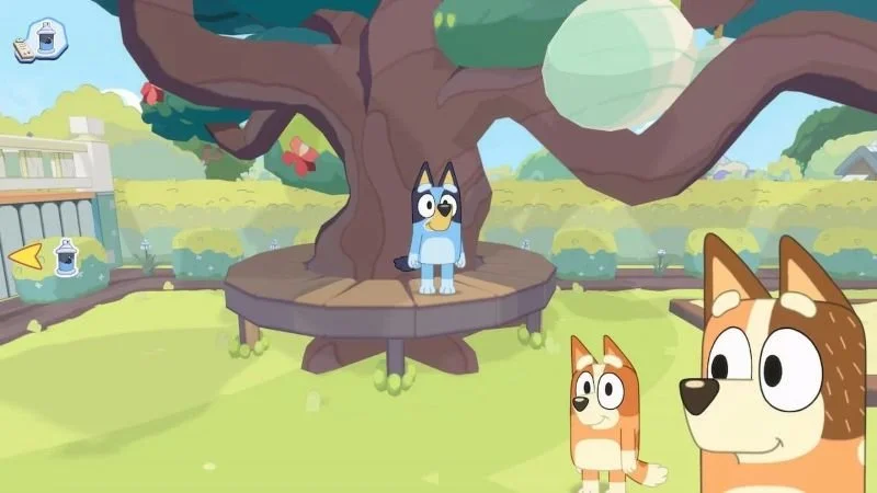 Bluey standing in the distance on a wraparound tree seat with chili and Bingo standing a few feet away.